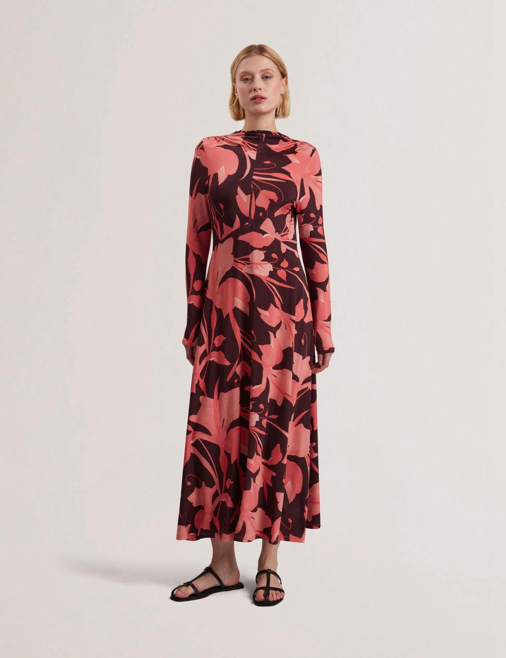 Ted Baker STARLAH - Slinky Printed Jersey Long Sleeve Women Midi Dresses Dk-Brown | UAE  20831-KQXJ