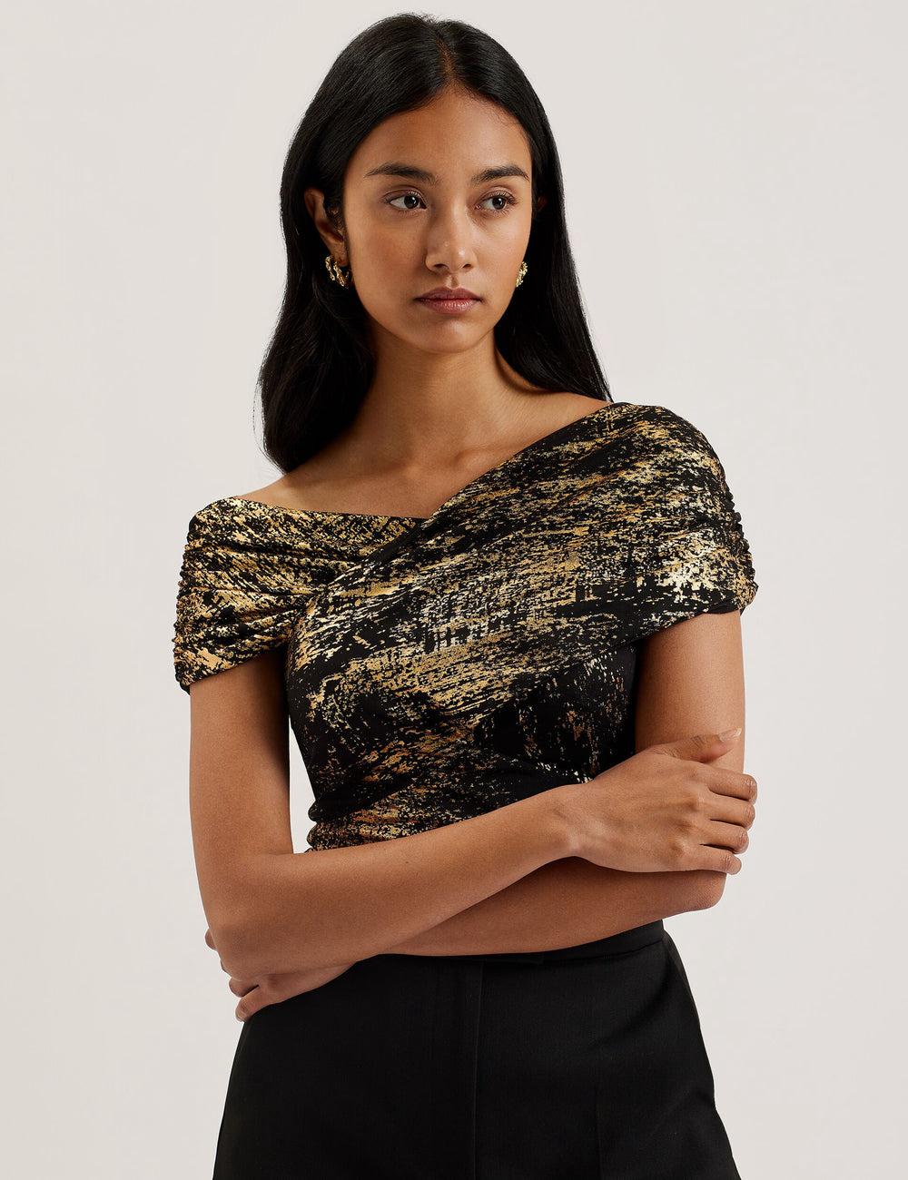 Ted Baker TALULAR - Bardot Foil Printed Mesh Women Tops Black | UAE  17984-VSUK