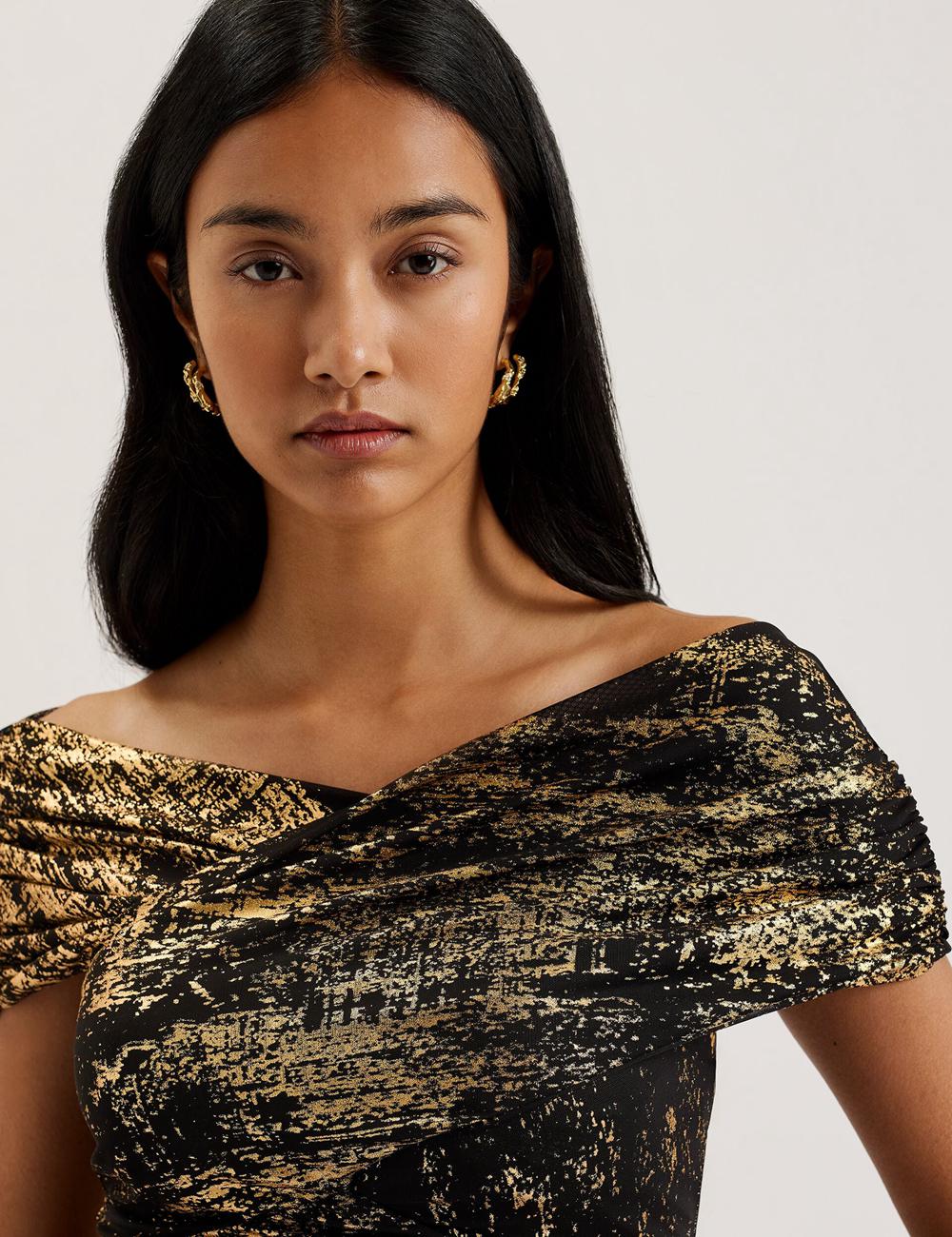 Ted Baker TALULAR - Bardot Foil Printed Mesh Women Tops Black | UAE  17984-VSUK