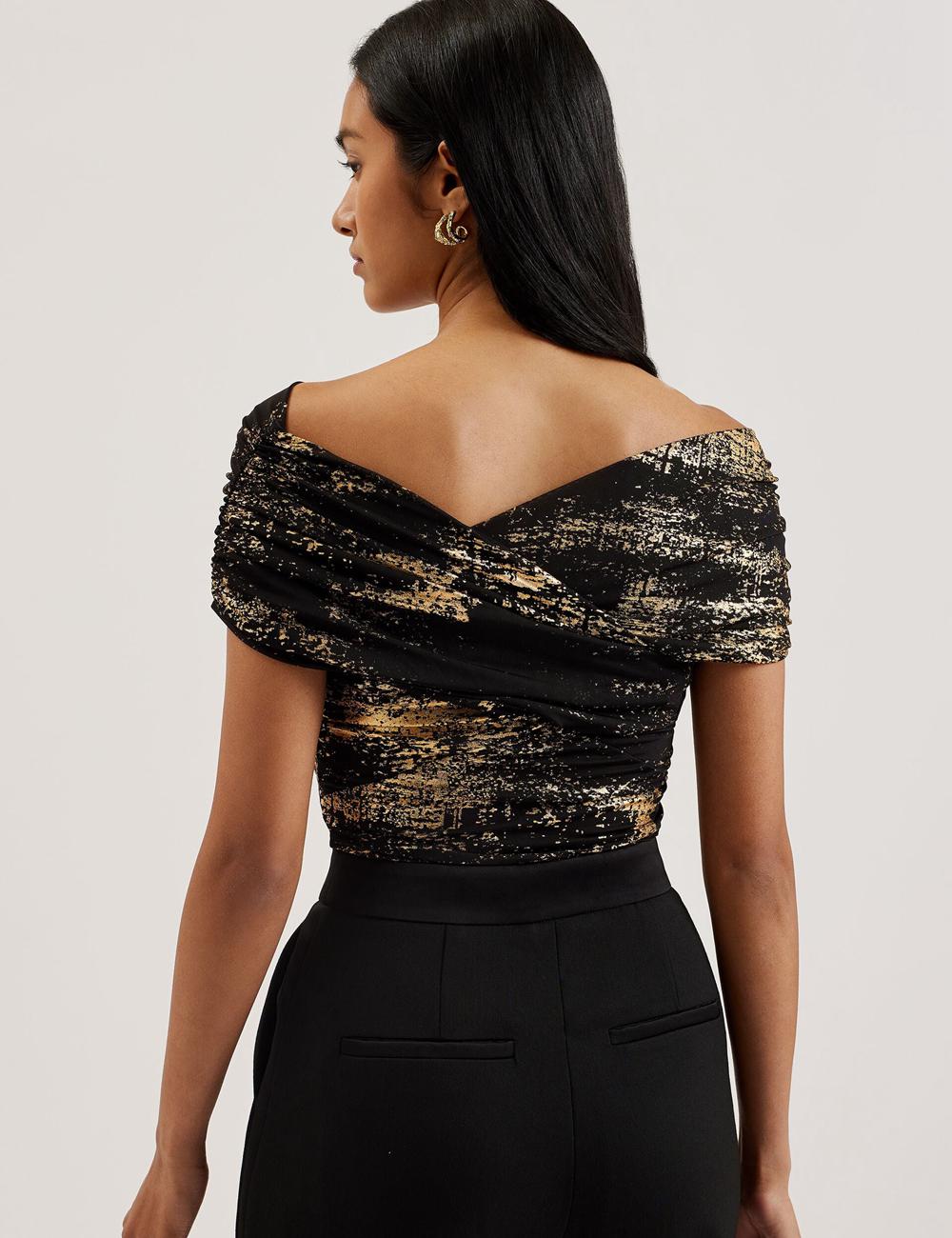Ted Baker TALULAR - Bardot Foil Printed Mesh Women Tops Black | UAE  17984-VSUK