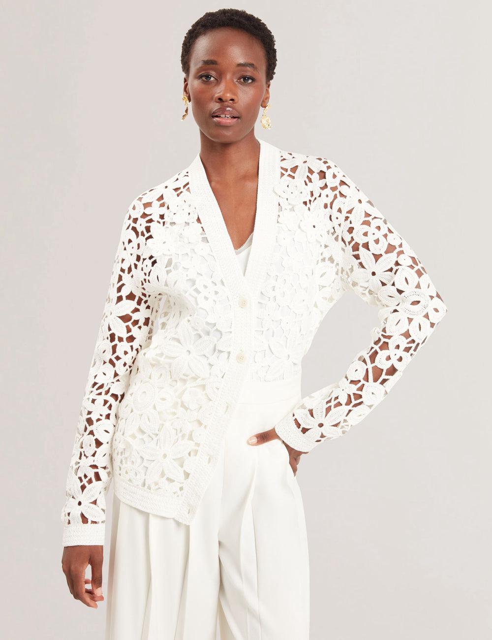 Ted Baker TARLI - Crochet Open Knit Longline Women Cardigans White | UAE  48057-IJHF