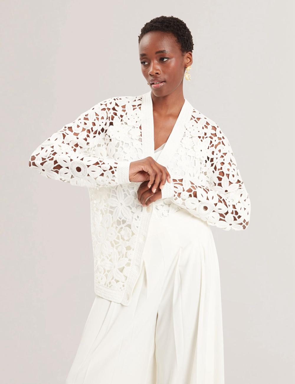 Ted Baker TARLI - Crochet Open Knit Longline Women Cardigans White | UAE  48057-IJHF