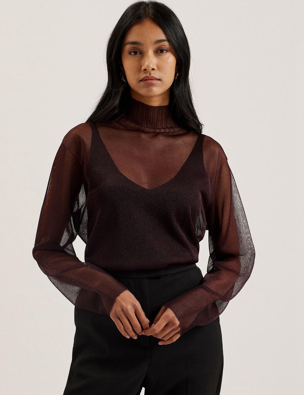 Ted Baker TAYLAW - Shimmer Sheer Knit Funnel Neck Top Women Jumpers Red | UAE  63850-MWFB