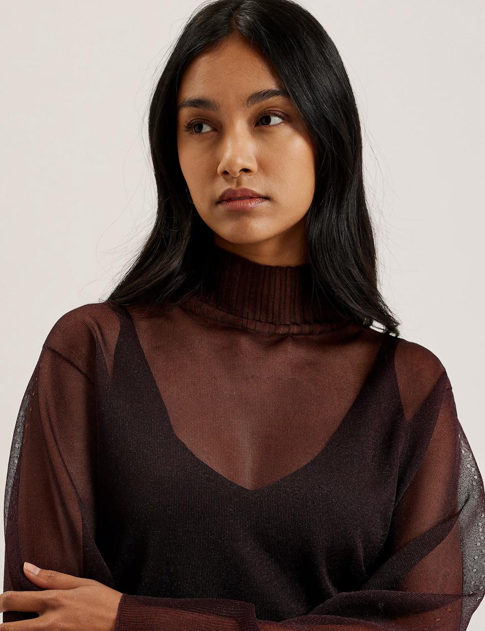 Ted Baker TAYLAW - Shimmer Sheer Knit Funnel Neck Top Women Jumpers Red | UAE  63850-MWFB
