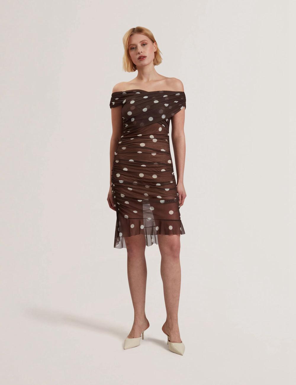 Ted Baker TILDAHH - Off-Shoulder Polka Dot Mesh Women Mini Dresses Dk-Brown | UAE  79106-PKJL