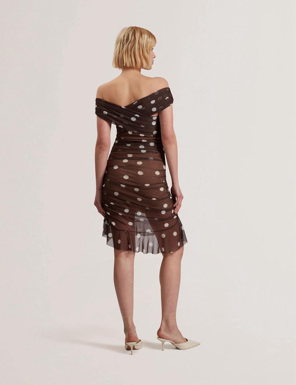 Ted Baker TILDAHH - Off-Shoulder Polka Dot Mesh Women Mini Dresses Dk-Brown | UAE  79106-PKJL