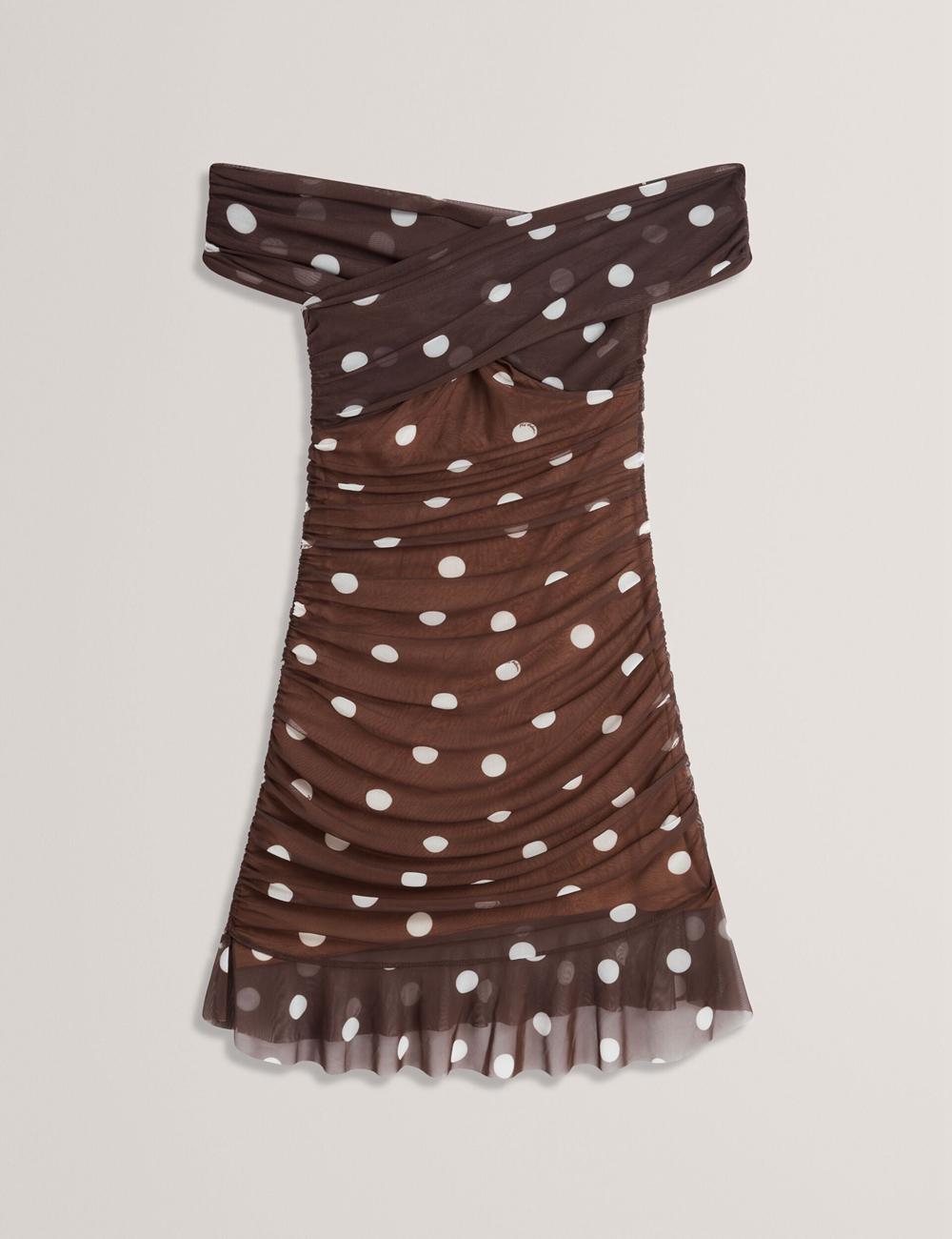 Ted Baker TILDAHH - Off-Shoulder Polka Dot Mesh Women Mini Dresses Dk-Brown | UAE  79106-PKJL