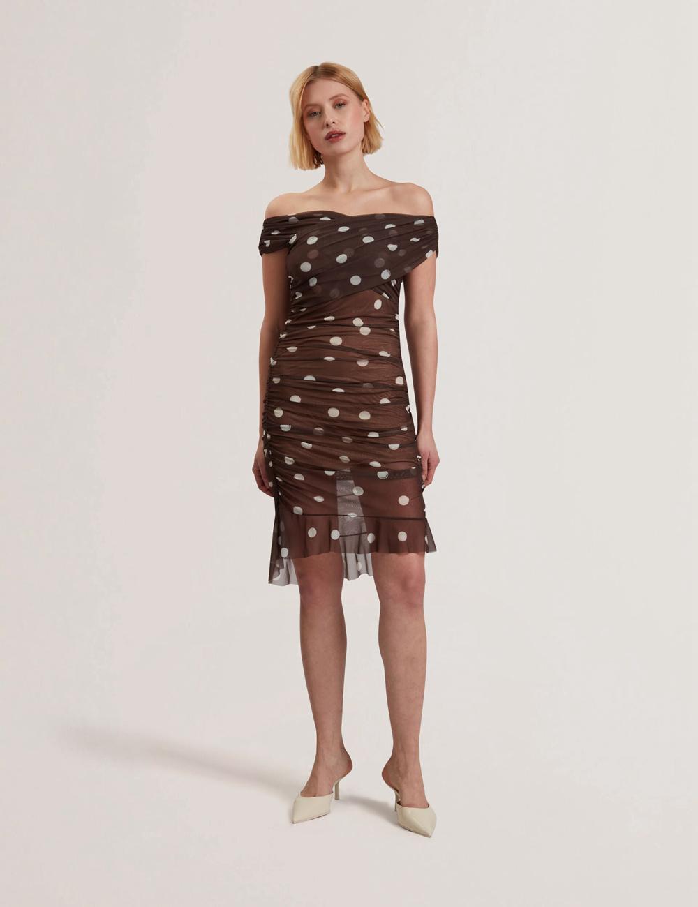 Ted Baker TILDAHH - Off-Shoulder Polka Dot Mesh Women Mini Dresses Dk-Brown | UAE  79106-PKJL