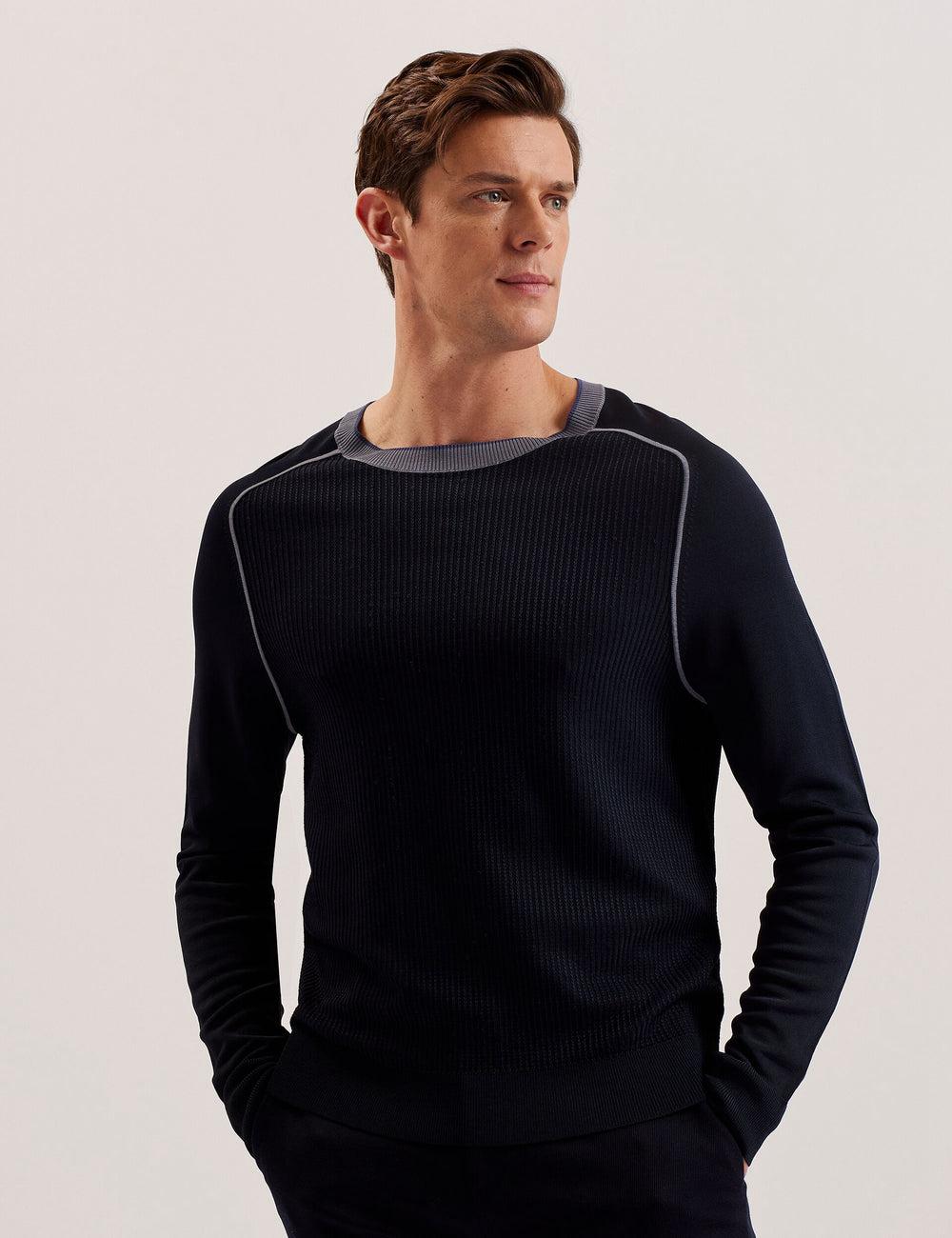 Ted Baker TOREZ - Long Sleeve Textured Knit Top Men Jumpers Navy | UAE  59437-DANJ