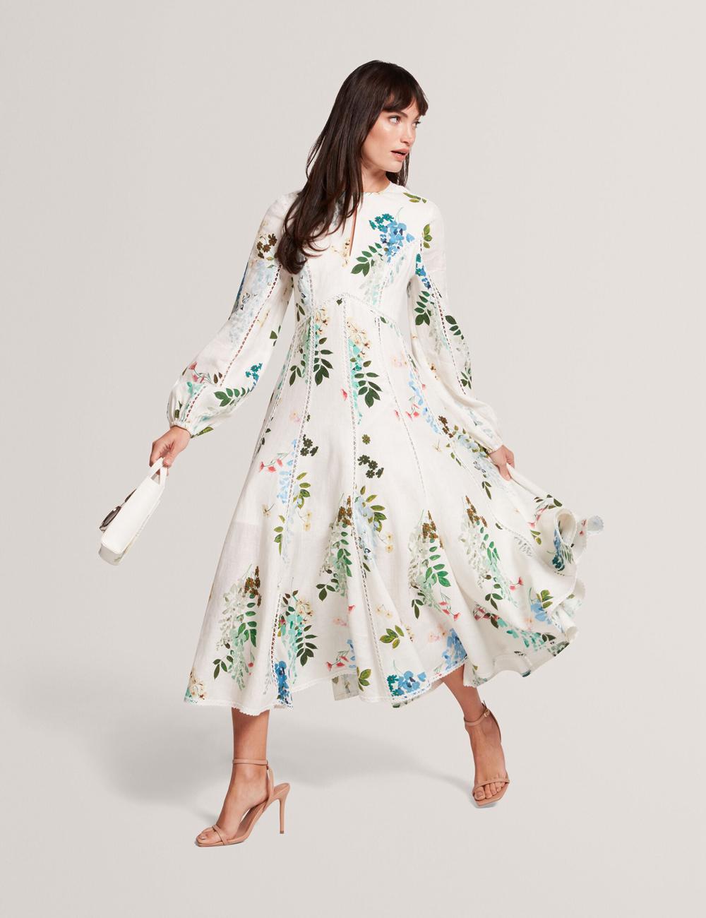 Ted Baker UTALA - Floral Crochet Trim Linen Women Midi Dresses White | UAE  87945-ADXN