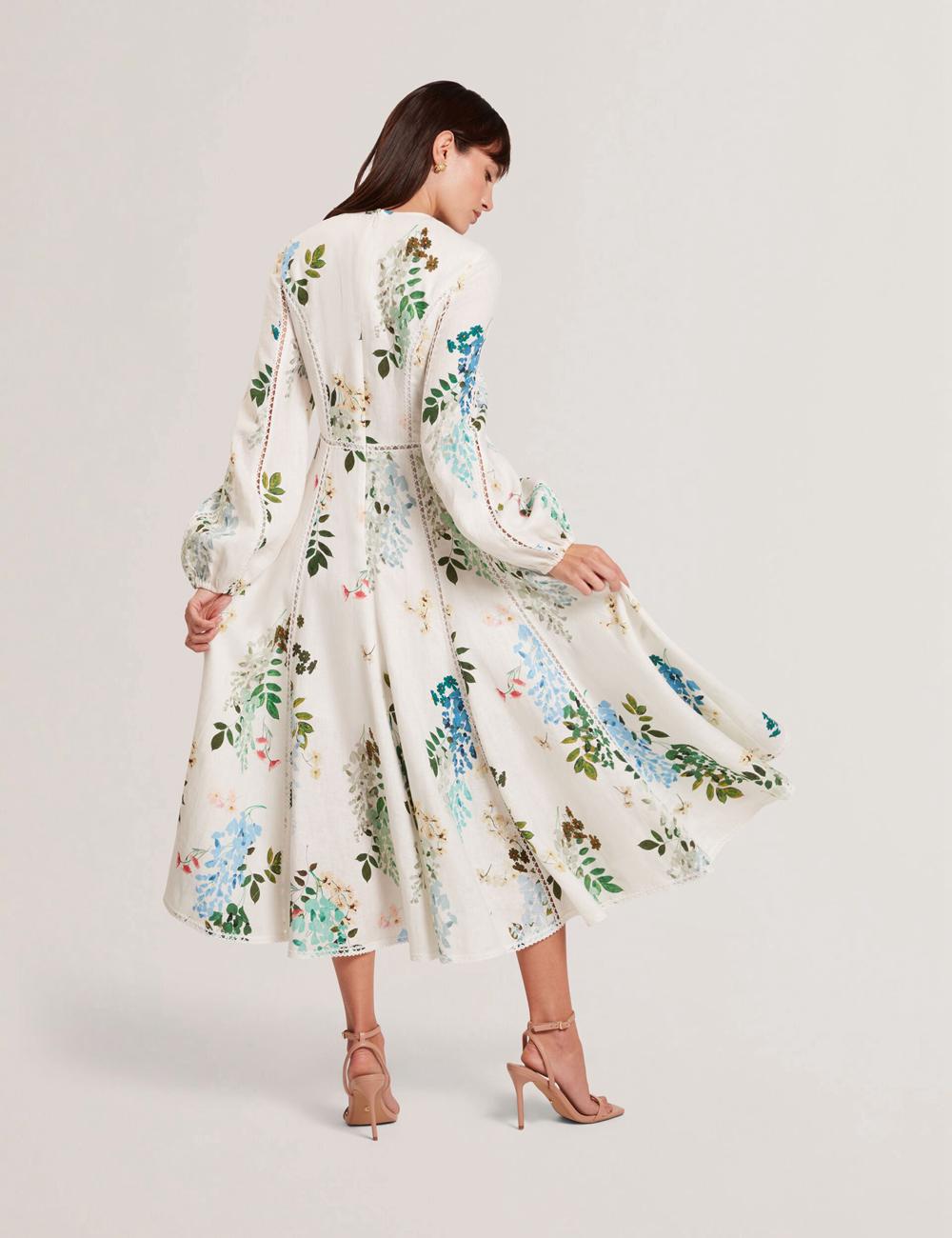 Ted Baker UTALA - Floral Crochet Trim Linen Women Midi Dresses White | UAE  87945-ADXN
