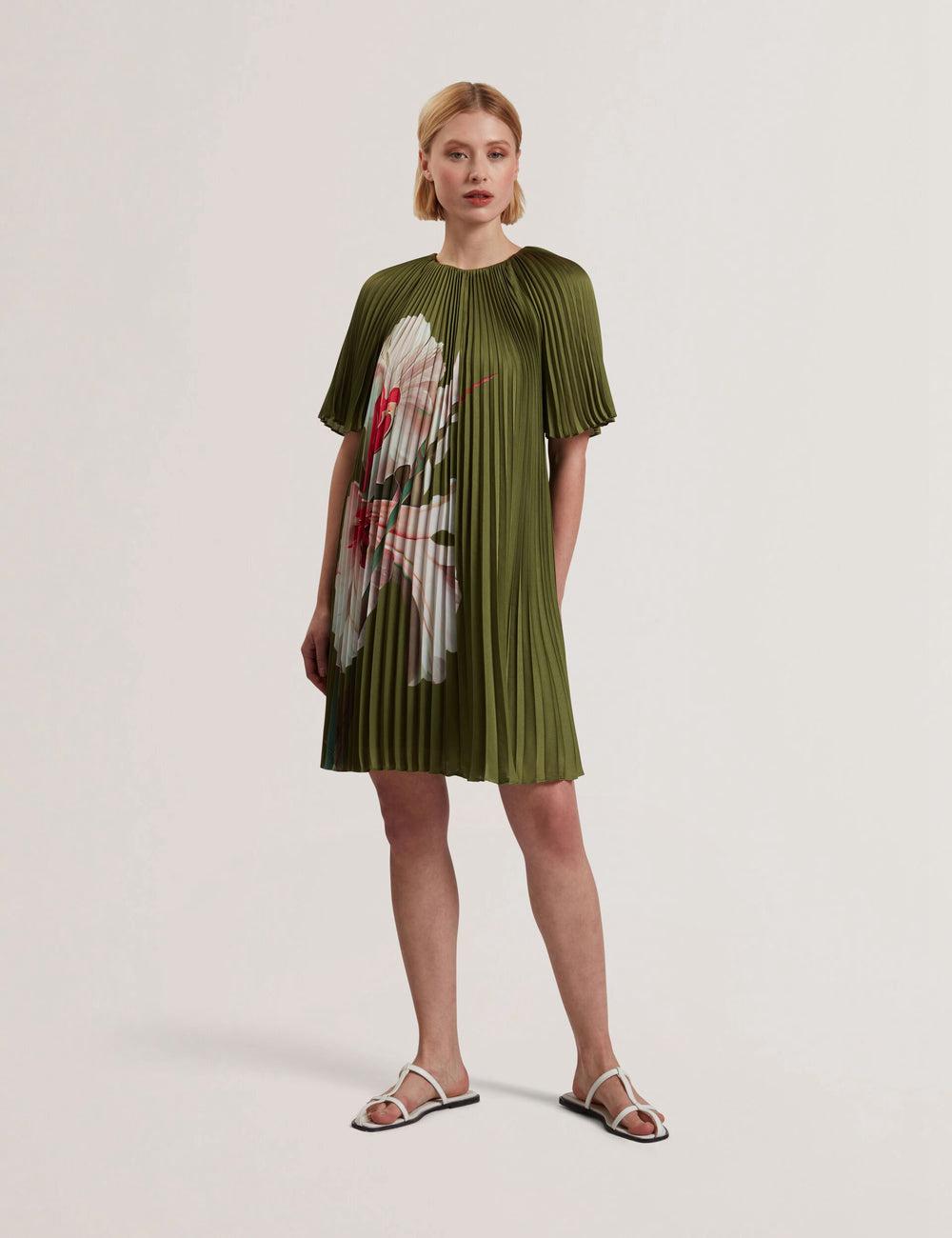 Ted Baker VINLAA - Floral Graphic Pleated Satin Women Mini Dresses Green | UAE  71608-IMCA