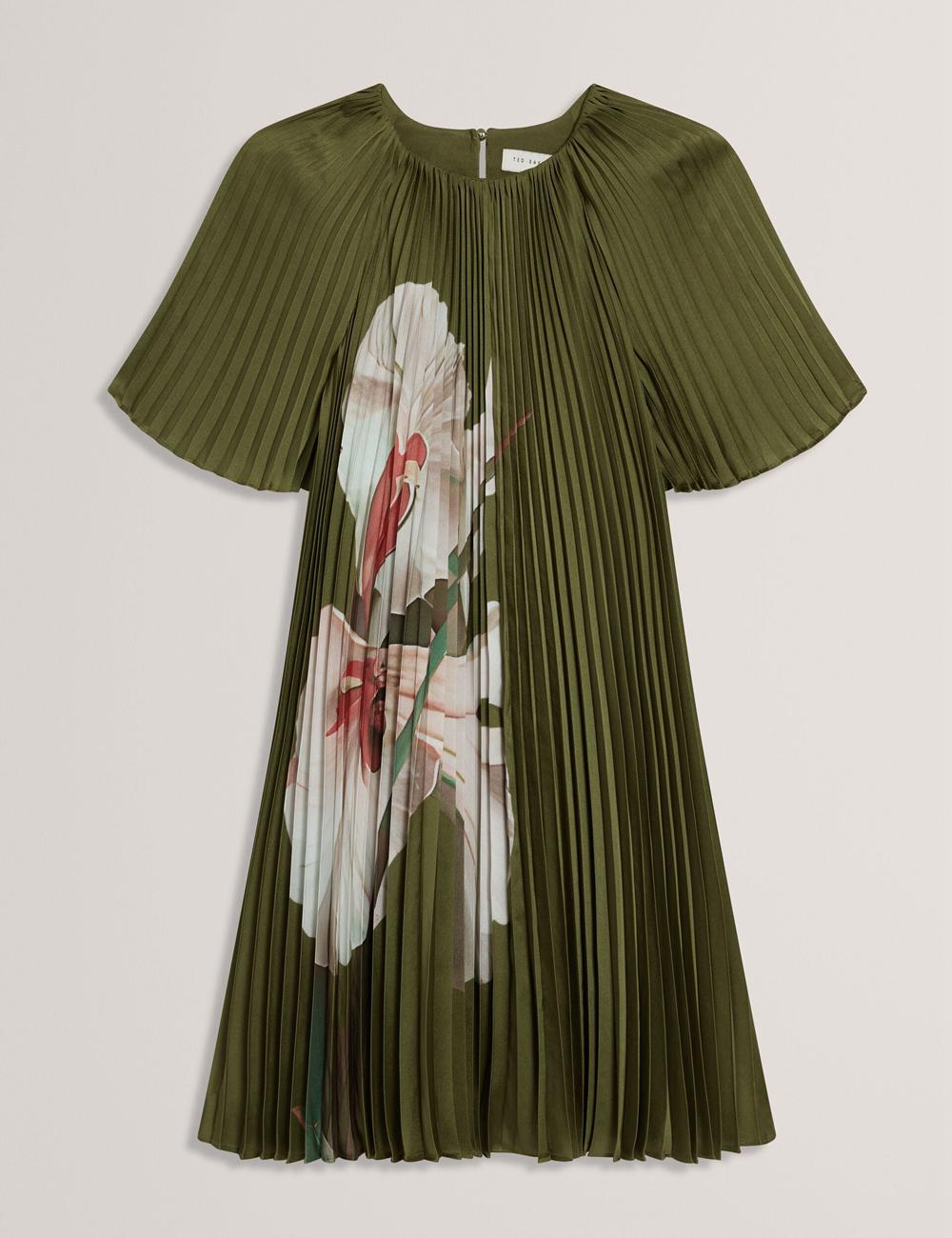 Ted Baker VINLAA - Floral Graphic Pleated Satin Women Mini Dresses Green | UAE  71608-IMCA