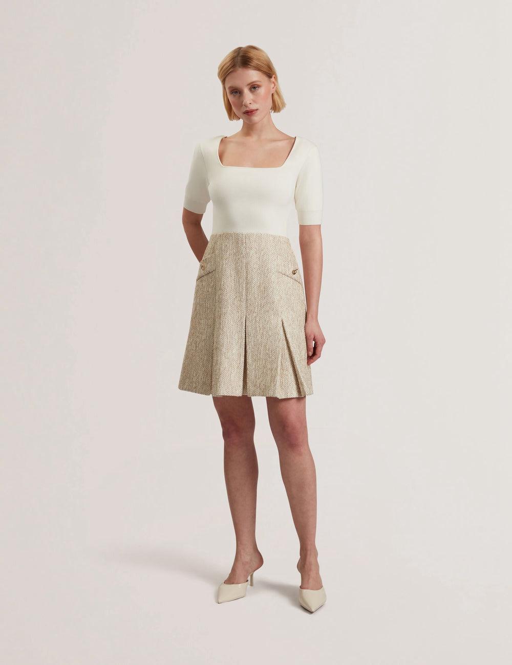 Ted Baker VULPAD - Pleated Boucle With Knit Bodice Women Mini Dresses Ivory | UAE  31074-HPUW
