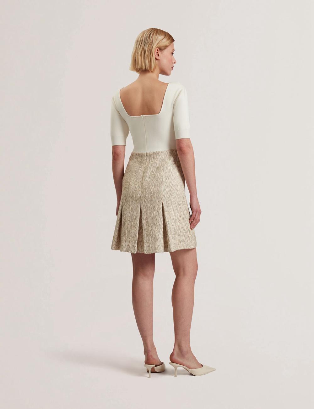 Ted Baker VULPAD - Pleated Boucle With Knit Bodice Women Mini Dresses Ivory | UAE  31074-HPUW