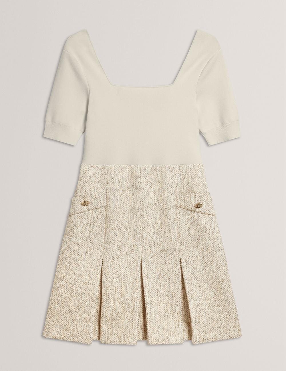 Ted Baker VULPAD - Pleated Boucle With Knit Bodice Women Mini Dresses Ivory | UAE  31074-HPUW