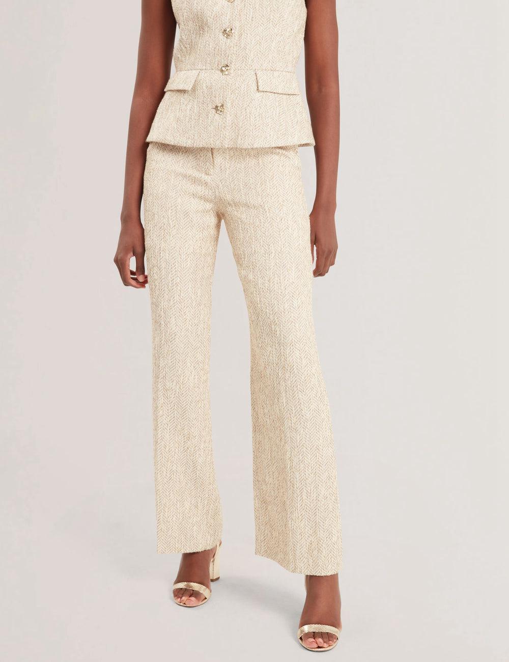 Ted Baker VULPAT - Boucle Herringbone Wide Leg Tailored Women Trousers Ivory | UAE  07842-ALBZ