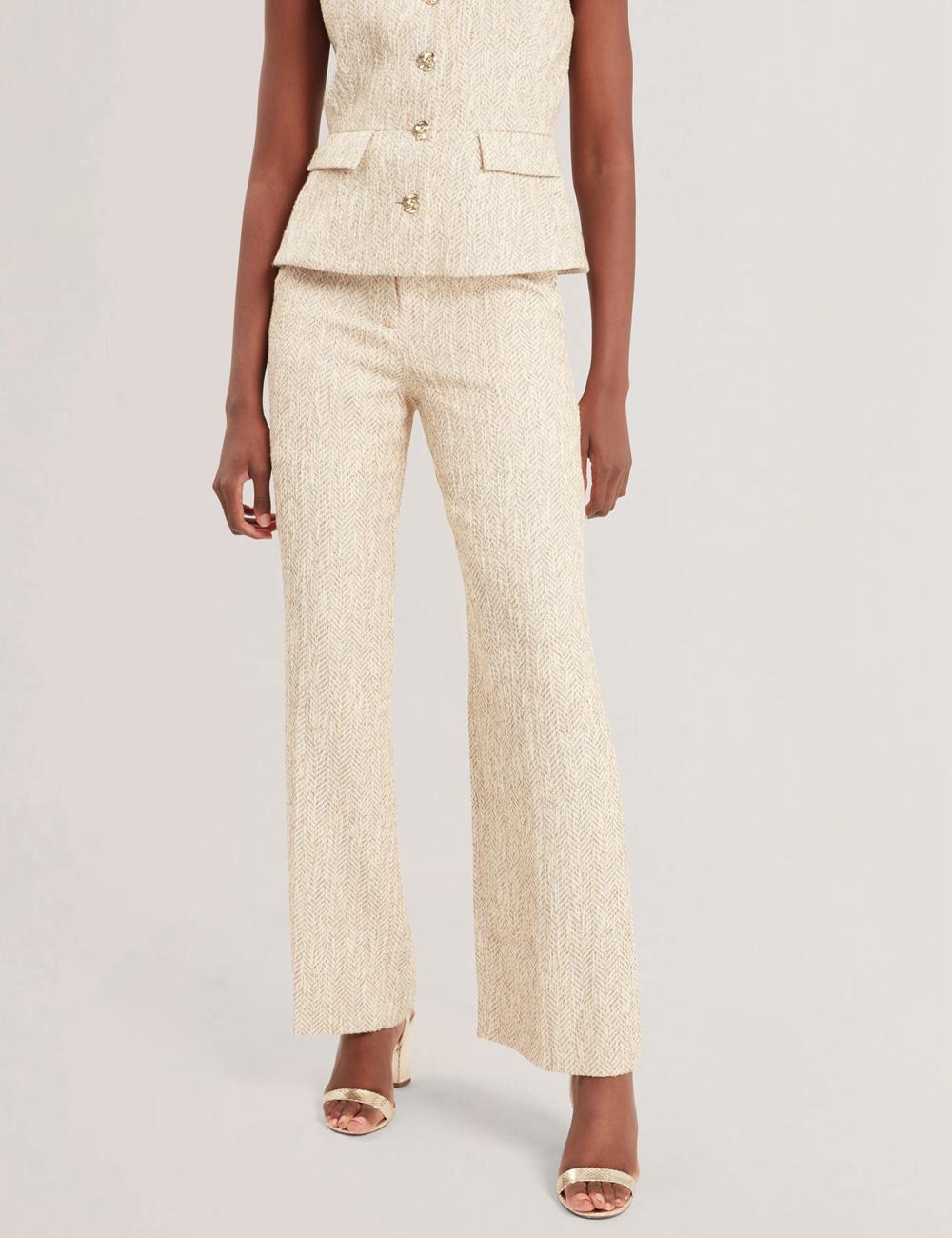 Ted Baker VULPAT - Boucle Herringbone Wide Leg Tailored Women Trousers Ivory | UAE  07842-ALBZ