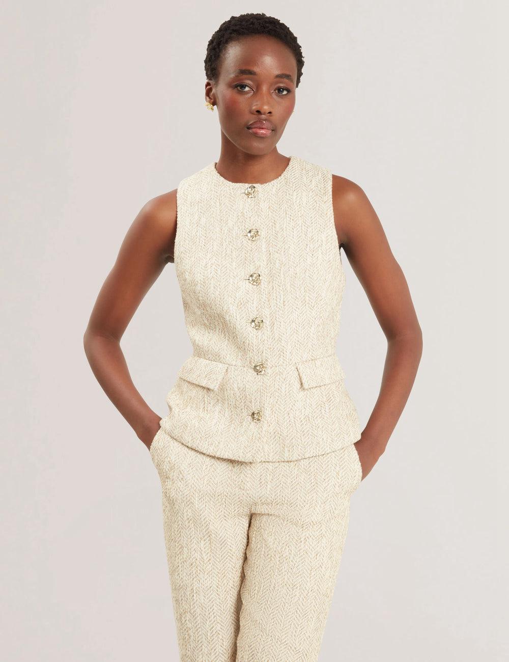 Ted Baker VULPAW - Boucle Herringbone Fitted Women Suit Waistcoat Ivory | UAE  05764-KPXB