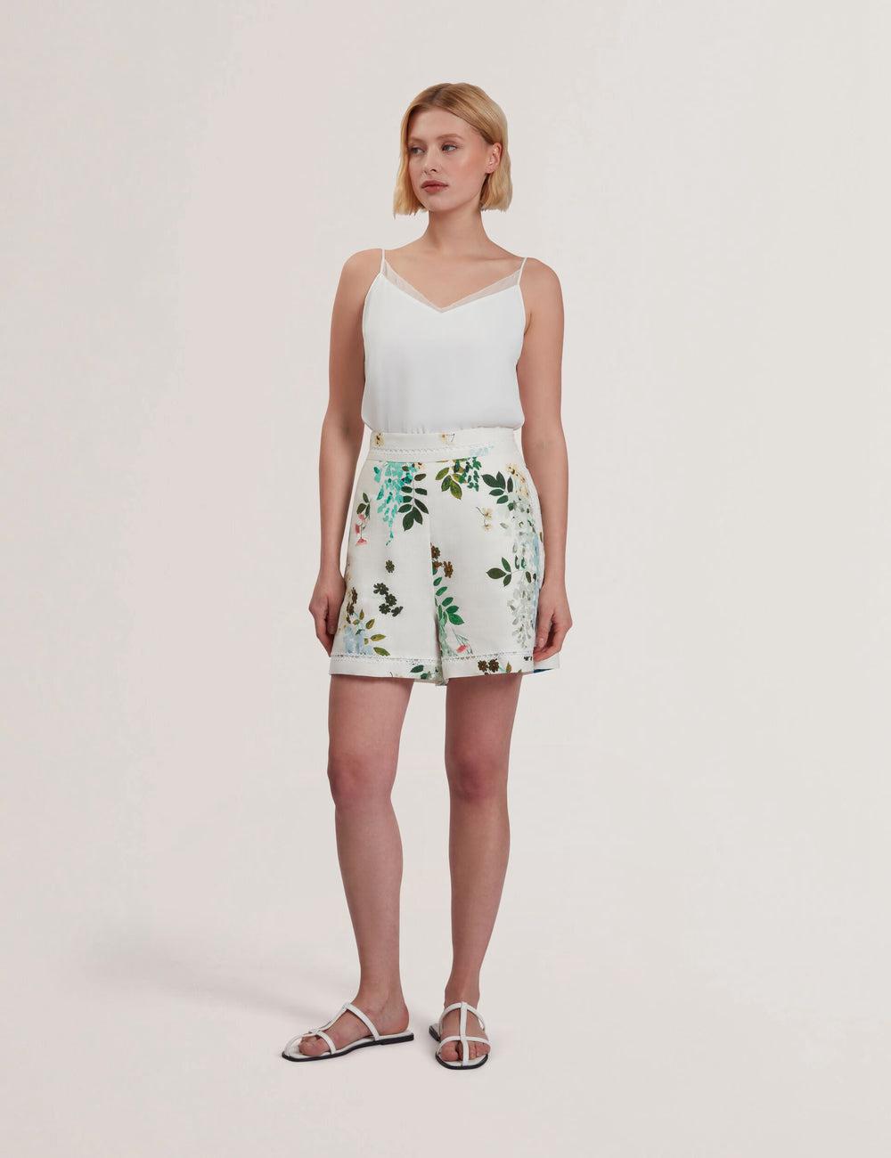 Ted Baker VYLLA - Floral High Waist Linen With Trim Detail Women Shorts White | UAE  51620-OXHP