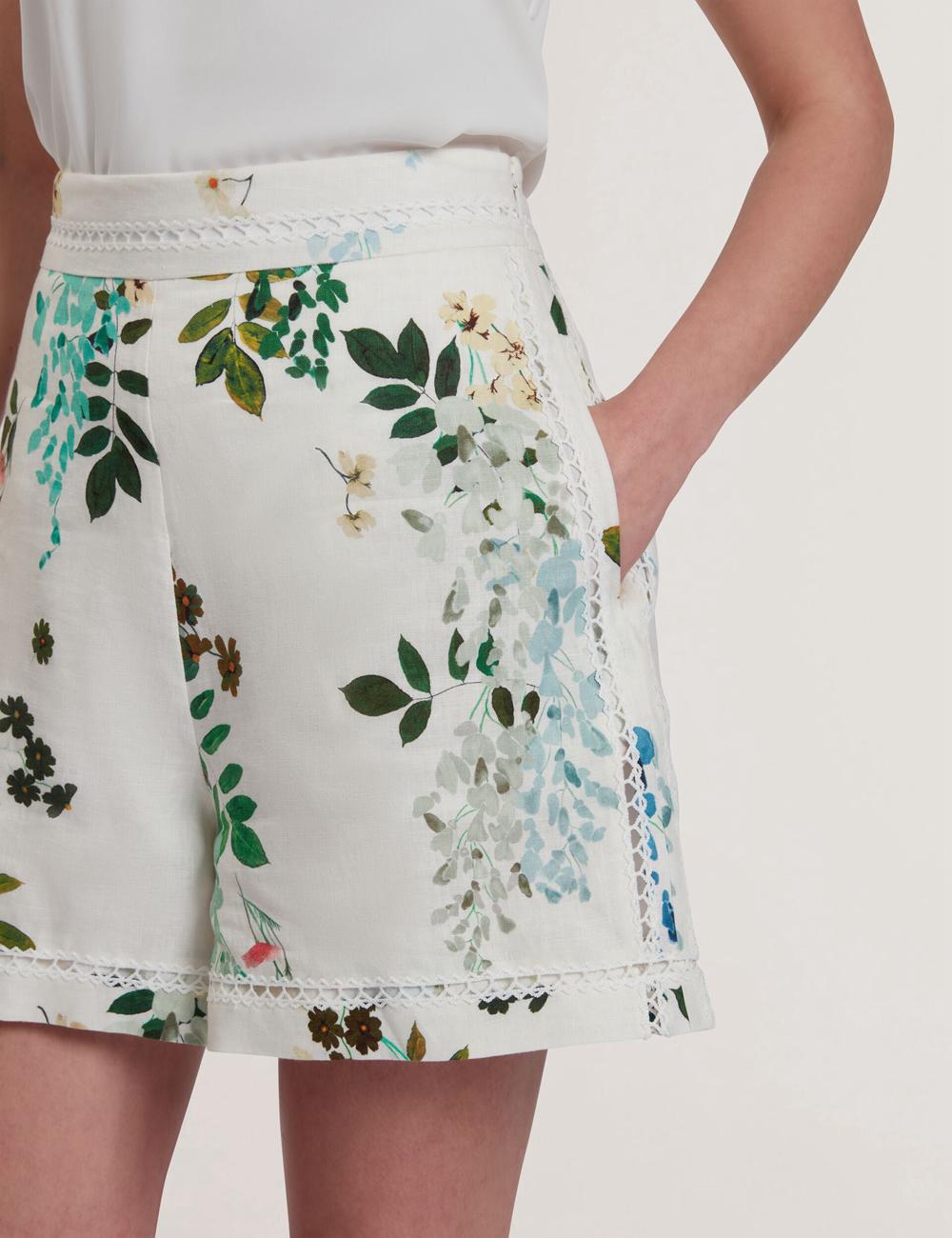 Ted Baker VYLLA - Floral High Waist Linen With Trim Detail Women Shorts White | UAE  51620-OXHP