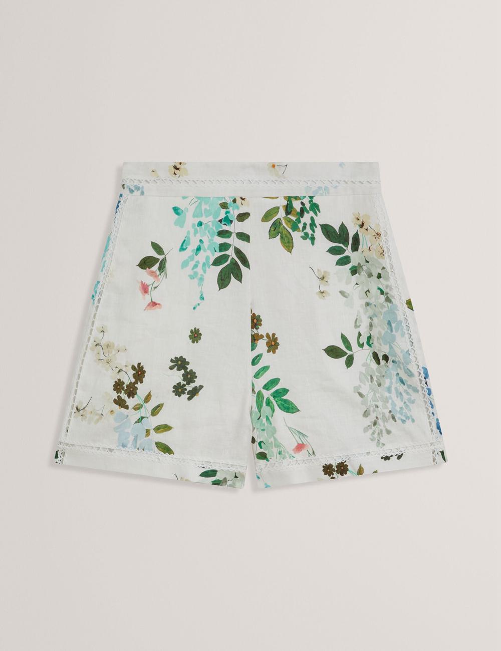 Ted Baker VYLLA - Floral High Waist Linen With Trim Detail Women Shorts White | UAE  51620-OXHP
