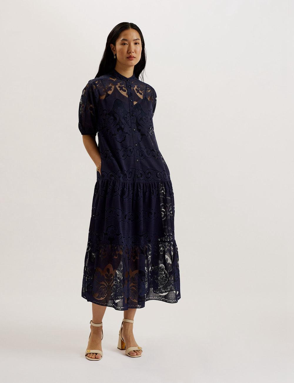 Ted Baker XATIVA - Lace Puff Sleeve Midi Shift Women Midi Dresses Dk-Blue | UAE  28906-HDIM