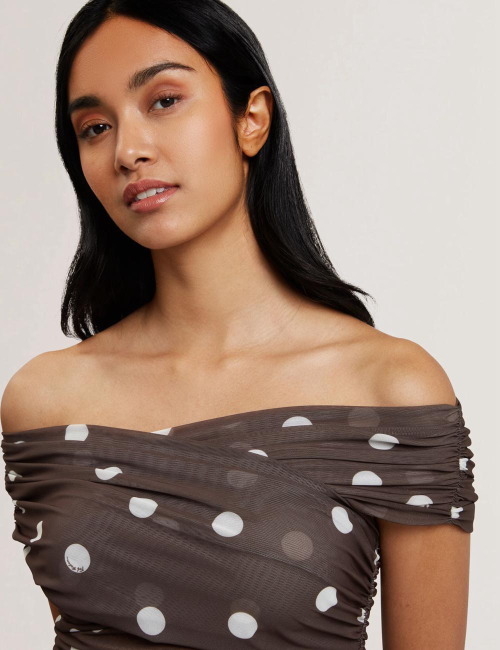 Ted Baker ZAAMO - Off-the-Shoulder Polka Dot Mesh Women Tops Dk-Brown | UAE  93710-MIYR