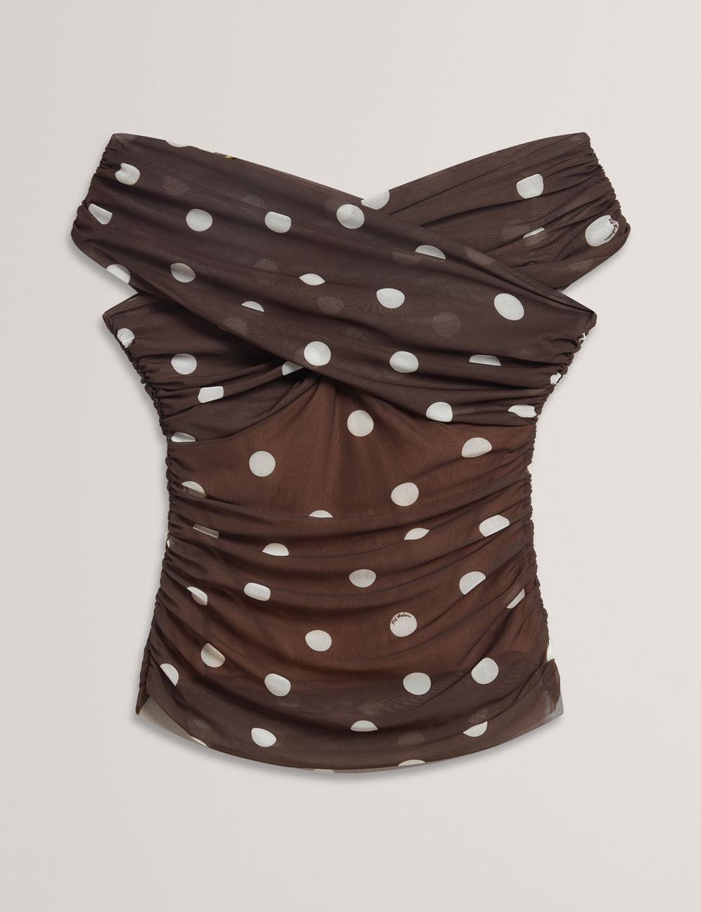 Ted Baker ZAAMO - Off-the-Shoulder Polka Dot Mesh Women Tops Dk-Brown | UAE  93710-MIYR
