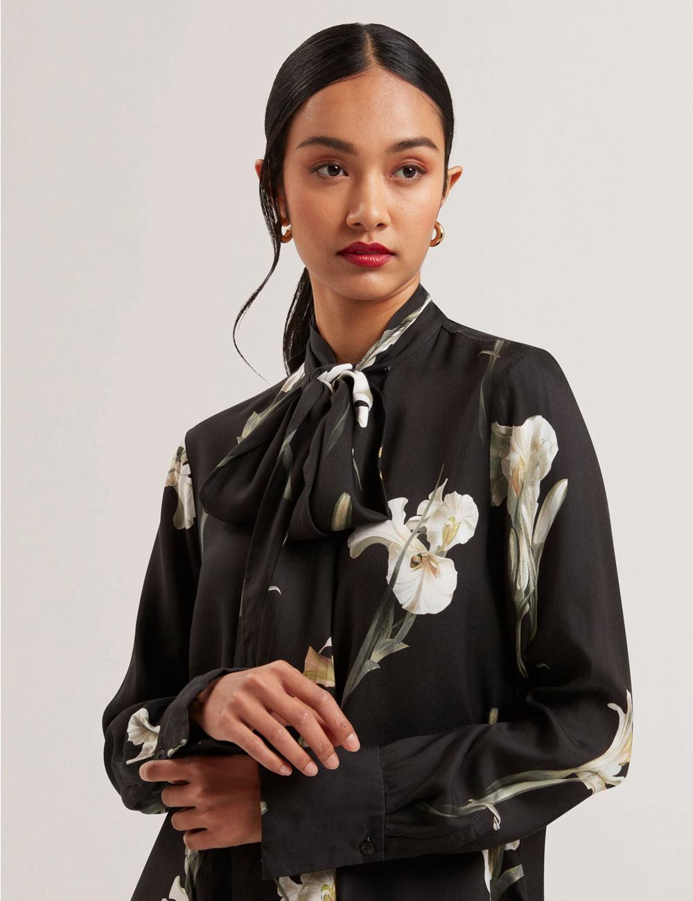 Ted Baker ZAKIIER - Neck Floral Print Long Sleeve Women Blouses Black | UAE  74053-OGXI