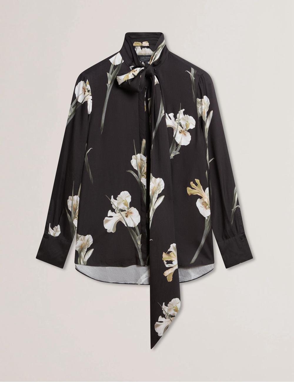 Ted Baker ZAKIIER - Neck Floral Print Long Sleeve Women Blouses Black | UAE  74053-OGXI