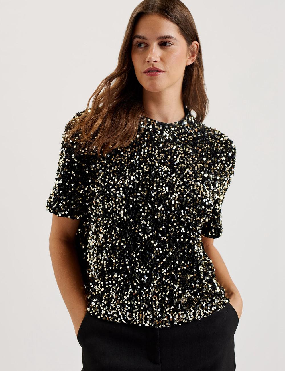Ted Baker ZARHAAA - Sequined Velvet Short Sleeve Top Women Casual Shirts Black | UAE  87390-XKPH