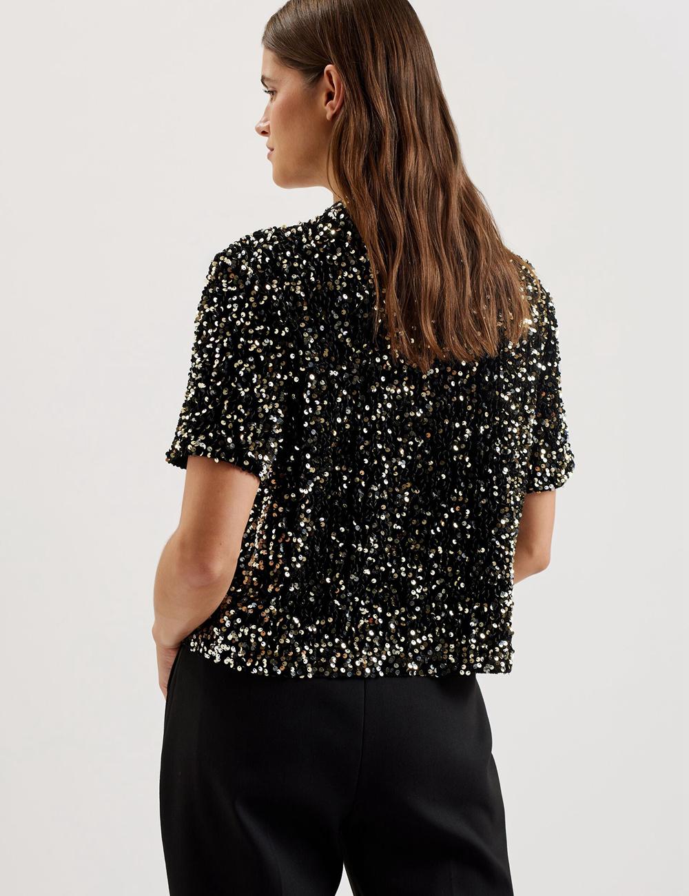 Ted Baker ZARHAAA - Sequined Velvet Short Sleeve Top Women Casual Shirts Black | UAE  87390-XKPH
