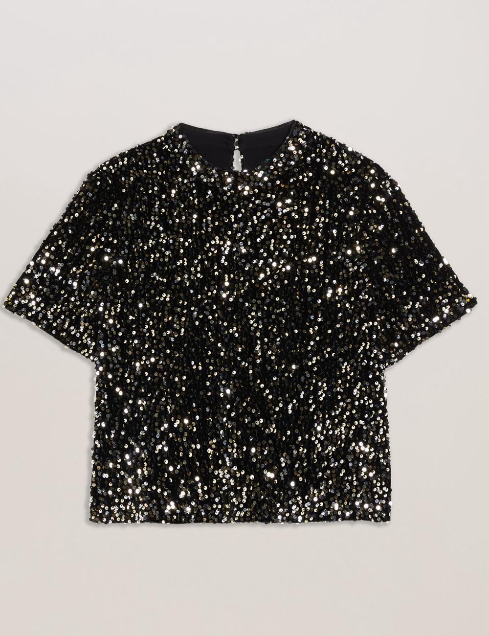Ted Baker ZARHAAA - Sequined Velvet Short Sleeve Top Women Casual Shirts Black | UAE  87390-XKPH