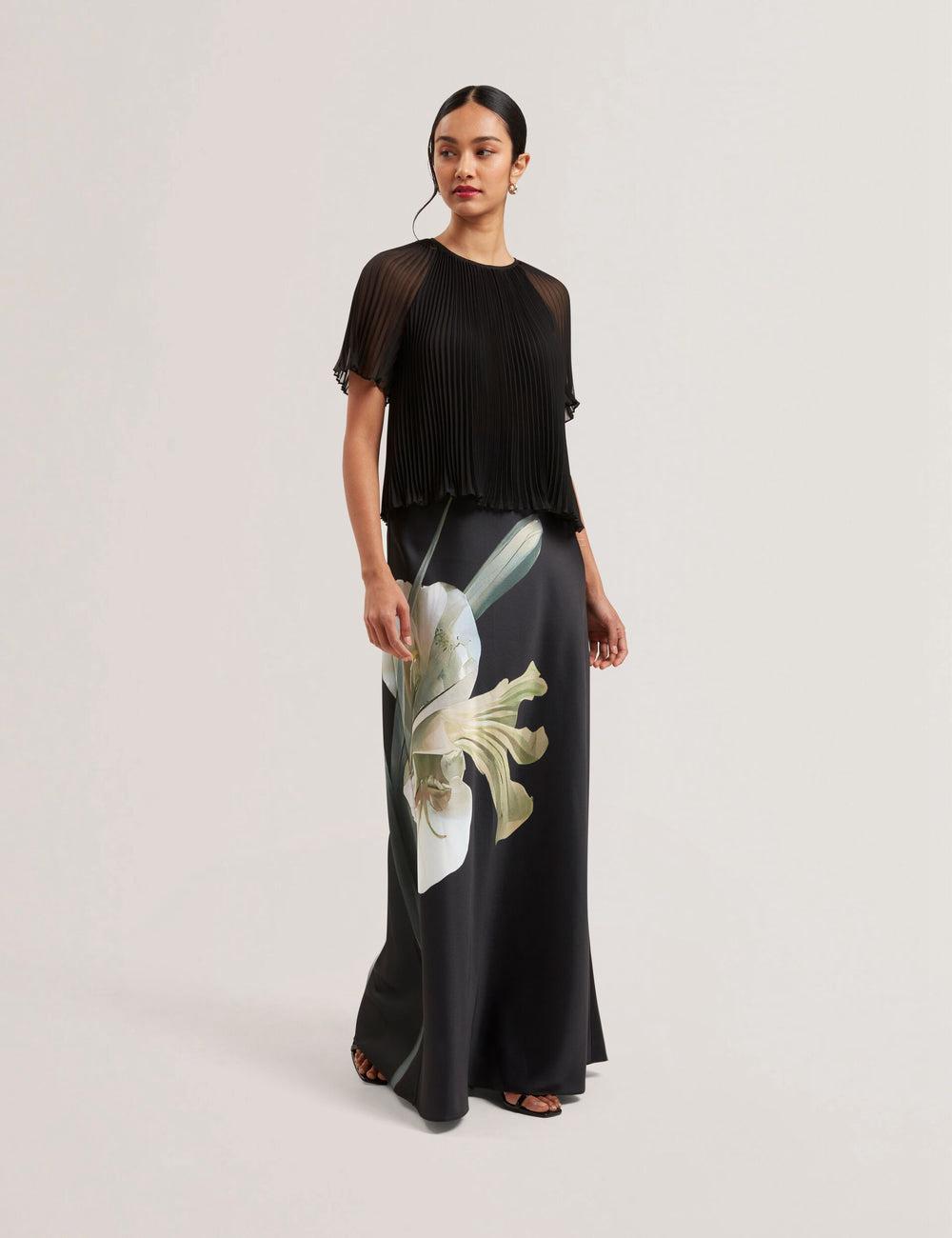 Ted Baker ZIONNA - Floral Print Detail Satin Women Maxi Skirts Black | UAE  41735-HGRN